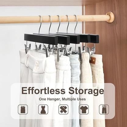 BAGAIL 20 Pack Wooden Pants Hangers with Adjustable Clips, 360°Swivel Hook Space Saving Skirt Holders with Anti-Rust Clips for Trousers, Jeans, Shorts (Black)