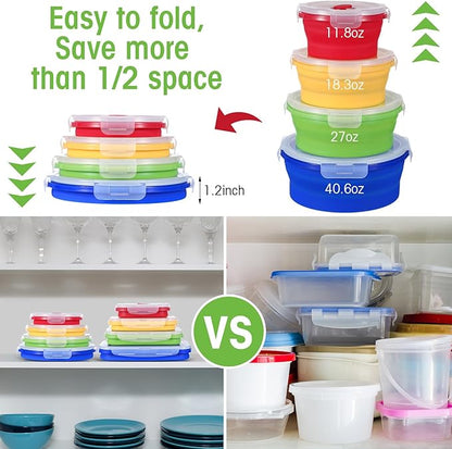 Yaomiao 16 Pack Collapsible Food Storage Containers with Lid Foldable 8 Pcs Rectangle Storage Bowl and 8 Pcs Round Silicone Food Bow for Lunch Camping Rv Accessories Microwave Freezer(Bright Colors)