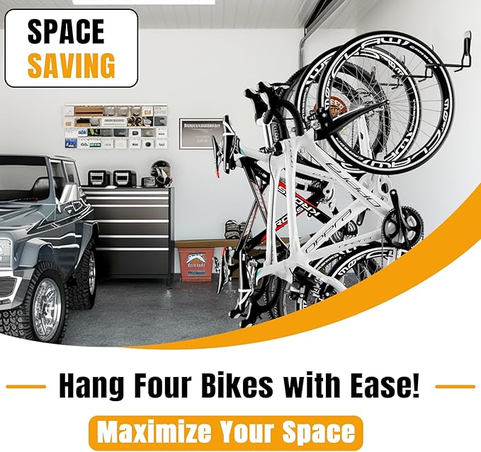 Wallavant Wall Mount Bike Hooks Bike Hooks for Garage Vertical Bike Hanger for Indoor Use Heavy Duty with 8mm Thick Steel Frame 4PCS Storage System Black