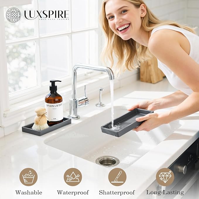 Luxspire Bathroom Vanity Tray, 7.9 x 4 Silicone Kitchen Counter Tray for Soap Dispenser, Bathroom Countertop Organizer for Perfume Soap Towel Bathroom Accessories, 2 Packs, Dark Gray