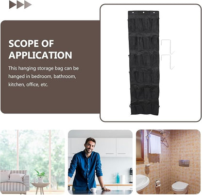 24-pocket over The Door Shoe Organizer Hanging Bag Black Non-woven Storage Hanging Bag for Home Shoe Storage 48x168cm Mesh Pocket for Closet and Entryway
