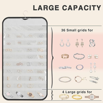 Hanging Jewelry Organizer Storage, 40 Pockets 36 Hooks Necklace Earring Bracelet Ring Organizer, Double - Sided Design, Black and White