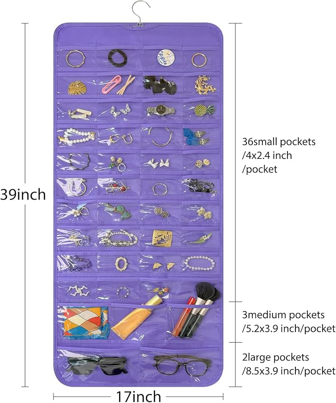 Bloss Hanging Jewelry Organizer With 90 Pockets,Earring Holder Organizer Storage For Valentine's Day Gift,Double-Sided Jewelry Holder for Earrings, Necklaces, Rings on Closet,Wall,Door(Purple)