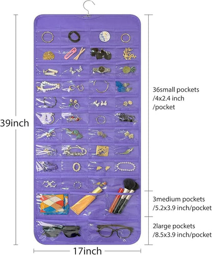 Bloss Hanging Jewelry Organizer With 90 Pockets,Earring Holder Organizer Storage For Valentine's Day Gift,Double-Sided Jewelry Holder for Earrings, Necklaces, Rings on Closet,Wall,Door(Purple)