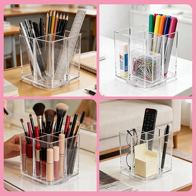 Acrylic Makeup Brush Holder, Clear Rotating Makeup Brush Holder Organizer with 4 Slots, Square Makeup Brush Cup for Vanity Desk Countertop Bathroom