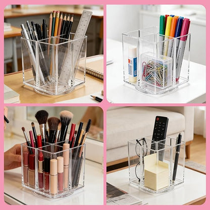 Acrylic Makeup Brush Holder, Clear Rotating Makeup Brush Holder Organizer with 4 Slots, Square Makeup Brush Cup for Vanity Desk Countertop Bathroom