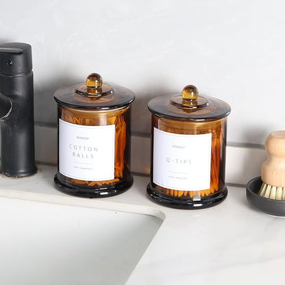 Ronasip Qtip Holder & Cotton Pad Dispenser, Bathroom Organizer and Storage Canisters, 16oz Glass Apothecary Jars for Kitchen, Restroom - Home Decor Accessories, Room Decor Aesthetic (2 Pack, Amber)