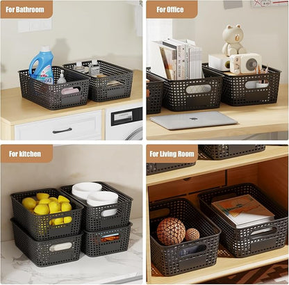 8 Pcs Plastic Storage Baskets with Plastic Lids and Labels 5.29qt Stackable Box Basket Pantry Decorative Containers, Small Storage Bins for Shelves Drawers Closets Bedrooms Office Cabinets 10*7.2*4.1"