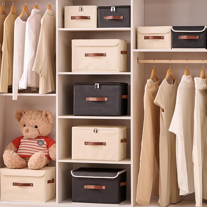 2PCS Storage Bins Box with Lids Decorative PU Leather Fabric Baskets Cubes with Handles PP Plastic Board Foldable Washable Lidded Clothing Shelf Closet Organizer Container (Beige, Small)