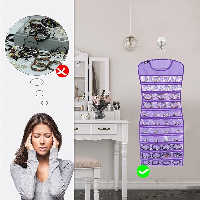Dual sided Jewelry Hanging Organizer Closet Necklace Holder for Earrings Bracelets Rings with 42 Clear Pockets and 17 Hook Loops (Purple