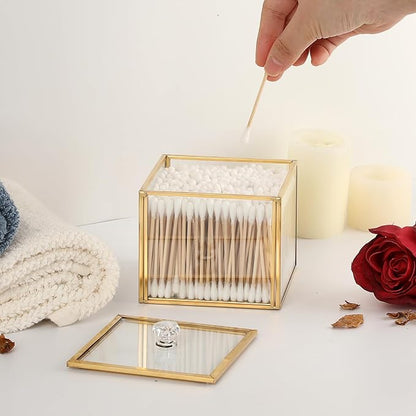 Hipiwe Glass Q-tip Holder Gold Cotton Swab Organizer Bathroom Dispenser with Lid Qtip Canister for Cotton Ball Pads Glass Vanity Box for Countertop Storage and Organization