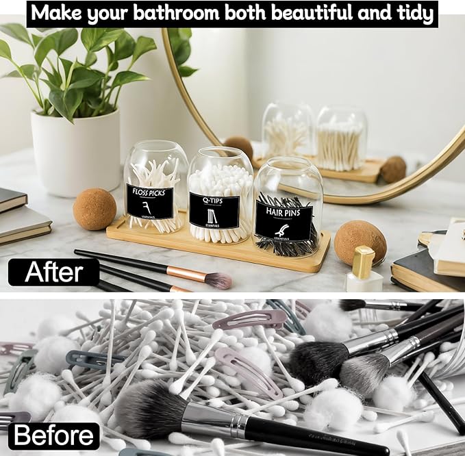 3PCS Qtip Holder for Bathroom Set, 17oz Glass Apothecary Jars with Cork Lids and Tray, Cotton Ball and Swab Holder, Bathroom Containers Organizers and Storage with 9 Labels