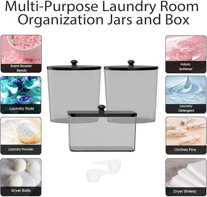 COAZEX 3 Pack Laundry Powder Container & Dryer Sheet Holder, Plastic Laundry Room Organization and Storage Jars with Lids, Labels & Scoops for Powder, Detergent, Scent Booster (Black)