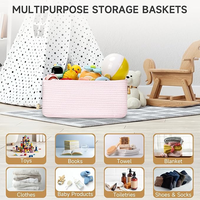3-Pack Storage Baskets for Organizing | Woven Shelf Toy Basket | Rope Baskets for Gifts Empty | Closet Organizer Bins with Handles | Cube Decorative Box | 13.7×7.1×6.7” | Mixed Pink