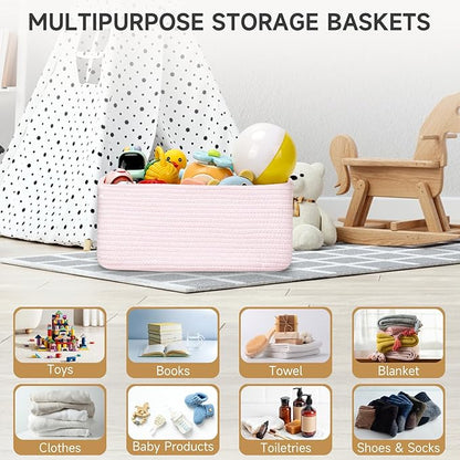3-Pack Storage Baskets for Organizing | Woven Shelf Toy Basket | Rope Baskets for Gifts Empty | Closet Organizer Bins with Handles | Cube Decorative Box | 13.7×7.1×6.7” | Mixed Pink