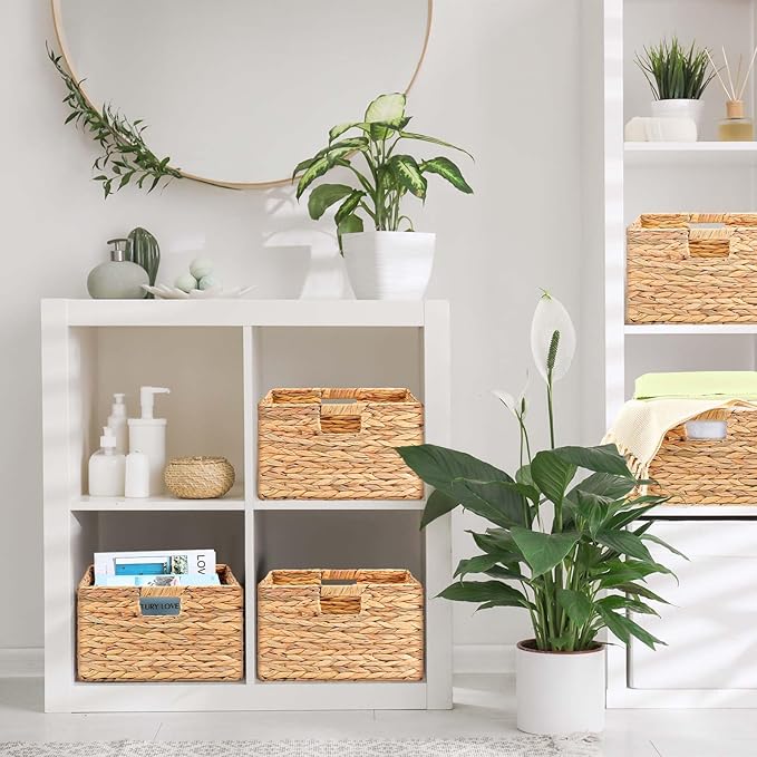 Jinei 12 Pcs Wicker Storage Basket Bulk 13 x 13 x 8 Inch Handwoven Water Hyacinth Cube Bin with Handles Woven Laundry for Organizer Shelves Wood Color