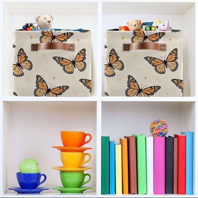 Monarch Butterflies Large Storage Basket Cube Storage Bin Canvas Fabric Organizer Handles Collapsible Decorative for Clothes Bedroom