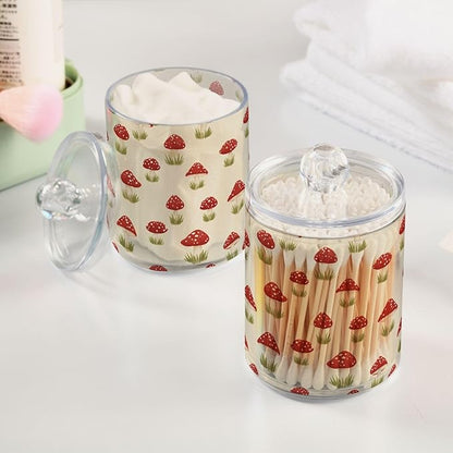 Milk Cow Qtip Holder with Lid 2PCS Apothecary Jars Storage Containers, Clear Plastic Canister for Cotton Swab,Floss Picks, Cosmetics (Red Mushrooms, one sizex2)