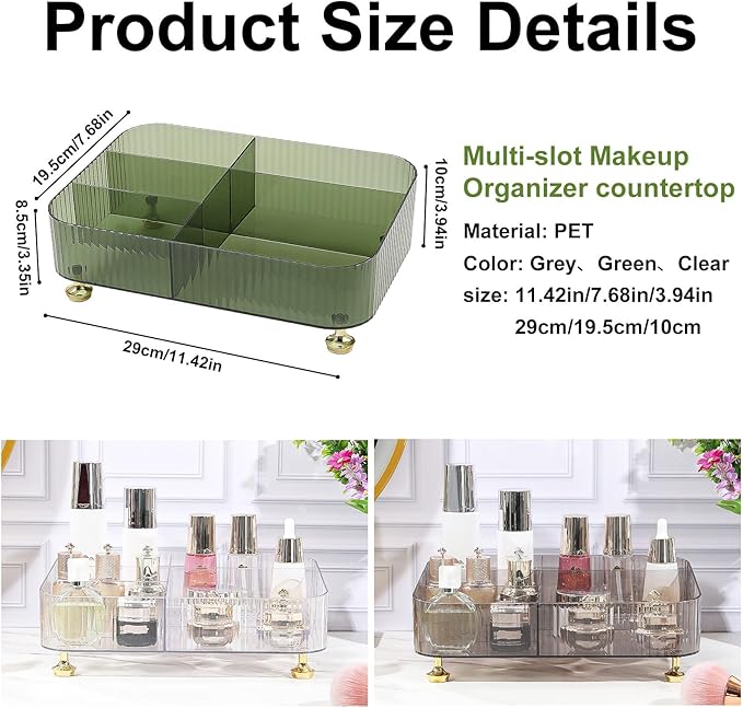 DASITON Makeup Organizer Countertop for Vanity, 5 Slots Makeup Brush Holder Organizer, Vintage Makeup Perfume Tray Cosmetic and Skincare Organizers for Bedroom Bathroom Counter, Desk Storage (Green)