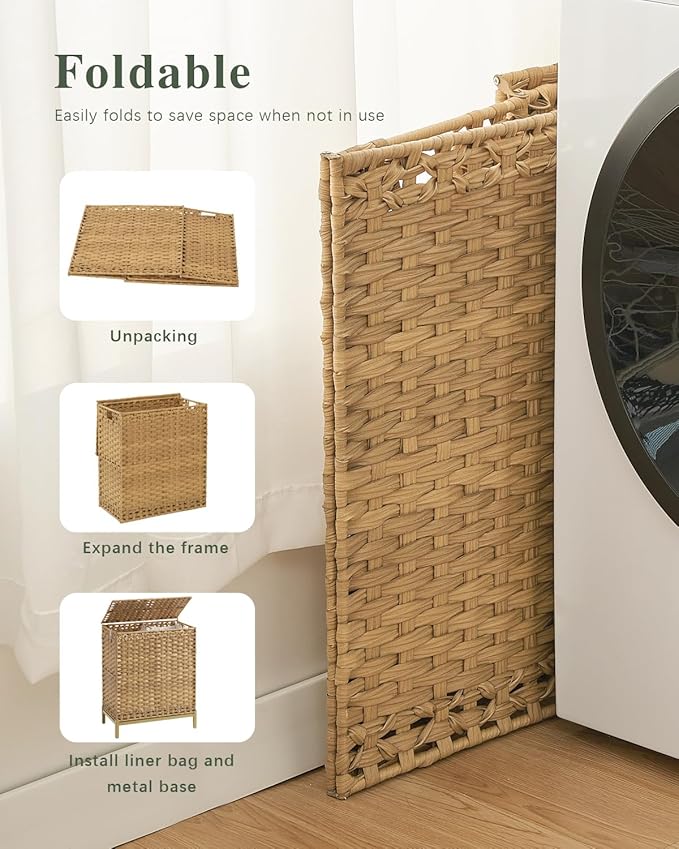 SETVSON Laundry Hamper with Lid, 112 L Handwoven Rattan Wicker Laundry Basket, 2 Removable Liner Bags Metal Heightened Feet, 6 Mesh Bags, 2 Section Large Clothes Hamper for Bathroom Bedroom, Natural