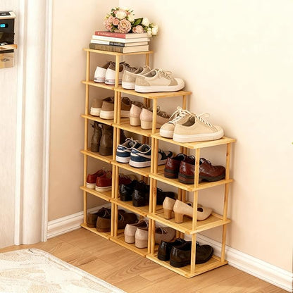 Aniston 4 Tier Small Shoe Rack Bamboo, Free Standing Slim Narrow Shoe Storage, Vertical Tall Shoe Shelf Organiser for Garage, Closet, Doorway, Corner, Living Room Small Spaces