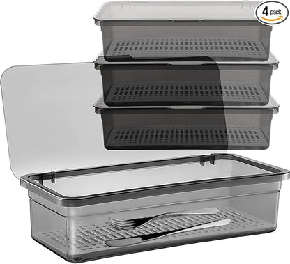 SUNSHNO 4PCS Flatware Tray with Lid and Drainer, Tableware Utensil and Cutlery Drawer Organizer with Lid Covered Silverware Tray to Keeps Your Cutlery Organized and Protected