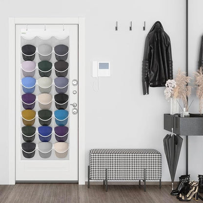 Baseball Hat Rack, 24 Pocket Over-The-Door Hat Organizer with Clear Deep Pockets to Display Baseball Caps Collection, Complete with 3 Over Door Hooks (White, 24 Pockets)