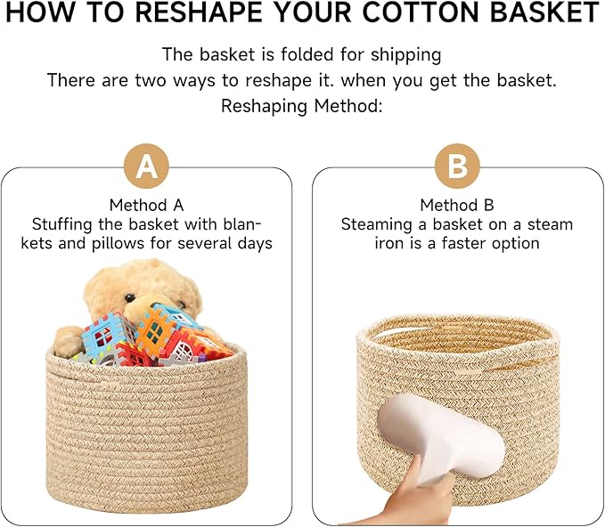 MiniArk Small Basket for Organizing | Cube Shelf Closet Storage Baskets | 9.7×9.7×7.1” | Woven Rope Gift Basket | Nursery | Round 3 Packs Tan
