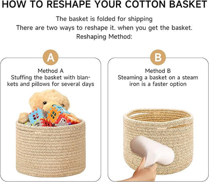 MiniArk Small Basket for Organizing | Cube Shelf Closet Storage Baskets | 9.7×9.7×7.1” | Woven Rope Gift Basket | Nursery | Round 3 Packs Tan