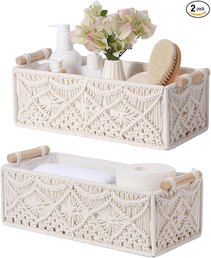 Nonam Macrame Storage Baskets, Boho Decor Style Woven Storage Boxes for Home Organization, Toilet Tank Shelf Cabinet Organizer Baskets,Set of 2-Weave White
