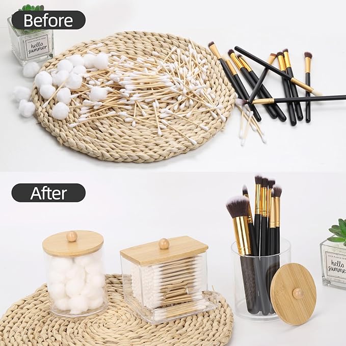 Tbestmax Qtips Dispenser Bathroom Container, 10/12 oz Cotton Ball Holder, Apothecary Jar Organizer for Storage Cotton Swab, Floss Picks (Bamboo Lids)