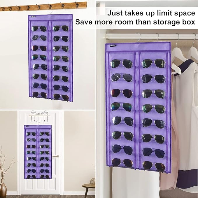 Dual Sided Hanging Sunglasses Organizer Wall Eyeglass Holder Sunglass Rack for Home with 32 Dust Proof Pockets (32 Pockets-Purple)