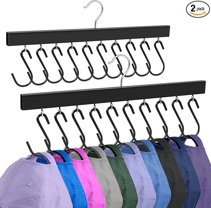 2 Pack Hat Organizer for Baseball Caps, 360 Degree Rotating Hat Storage for Baseball Caps Organizer with 10 Stainless Steel Hooks, Wooden Hanging Closet Organizer