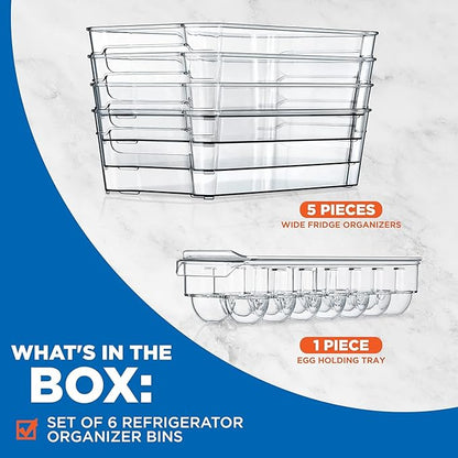 NutriChef Refrigerator Organizer Bins 6-Piece - Plastic Storage Bins with Egg Holder - For Fridge, Freezer, Kitchen, Cabinet, Countertops, Pantry - Stackable Food & Drink Containers, 14.5"x7" - Clear