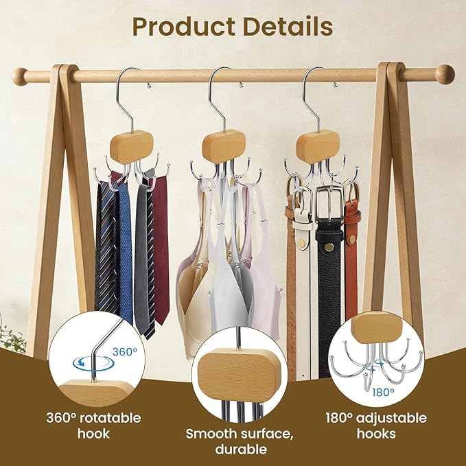 3 Pack Tank Top Hanger, Rotatable Bra Organzier for Closet, Bra Hanger for Closet Organizer, 360° Rotating & Foldable, Metal and Wood, Space-Saving Belt Hangers for Tank Tops, Belt, Tie (Wood)