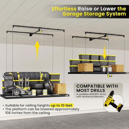 FERO Overhead Garage Storage Rack 4x8, 500 lb Heavy-Duty Capacity, Ceiling Mounted Storage Lift with Safety Lock, Drop Down Overhead Storage System, Garage Ceiling Hoist Organizer