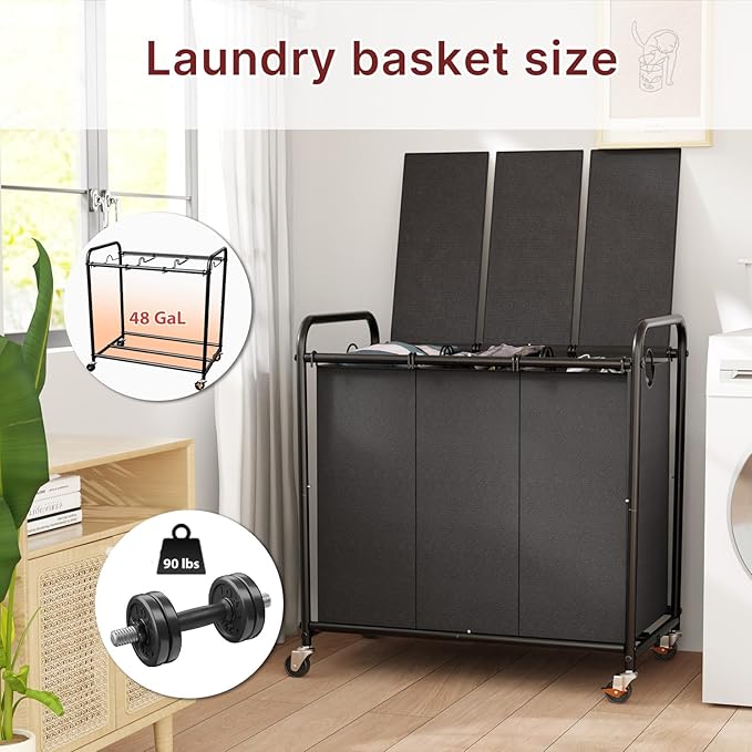 180L Laundry Sorter 3 Section – Heavy Duty Rolling Laundry Basket with Lockable Wheels and Lid, 3 Large Separate Removable Bags, Laundry Hamper Cart for Laundry Room Organizer