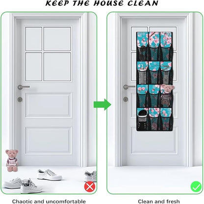 Cherry Blossom Over Door Shoe Organizer Easy to Install Behind the Door Storage 4 Shelf 12 Mesh Pockets Hanging Rack for Shoes and Accessories Multi-purpose Door Hanger Organizer