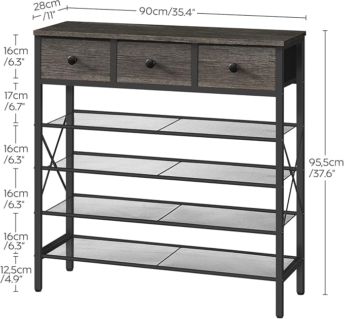 YATINEY 5-Tier Shoe Rack with 3 Drawers, Metal Shoe Organizer for 20 Pairs with Storage Shelves and Wooden Top, for Entryway, Hallway, Foyer, Closet, Charcoal and Black SS35BC