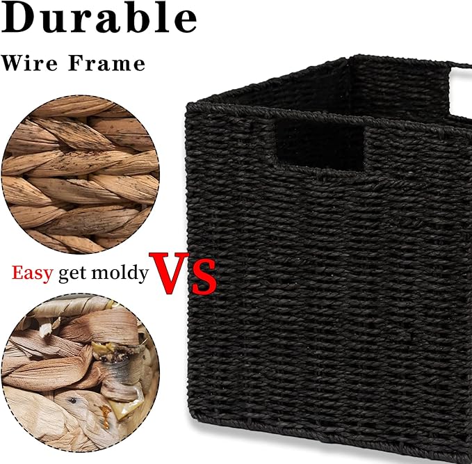 Vagusicc Storage Basket, Set of 2 Hand-Woven Storage Baskets for Organizing with Handles, Foldable Cube Storage Baskets Bins Organizer, 13 inch Large Wicker Baskets for Shelves & Decor, Black