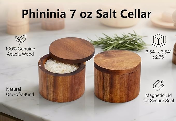 Acacia Salt Cellar, Wood Salt Box With Swivel Cover, Spice Keeper, 7oz Wood Jar For Kitchen, Perfect For Keeping Table Salt, Gourmet Salts, Herbs or Favorite Seasonings
