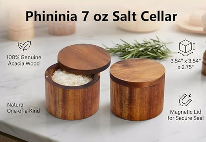 Acacia Salt Cellar, Wood Salt Box With Swivel Cover, Spice Keeper, 7oz Wood Jar For Kitchen, Perfect For Keeping Table Salt, Gourmet Salts, Herbs or Favorite Seasonings