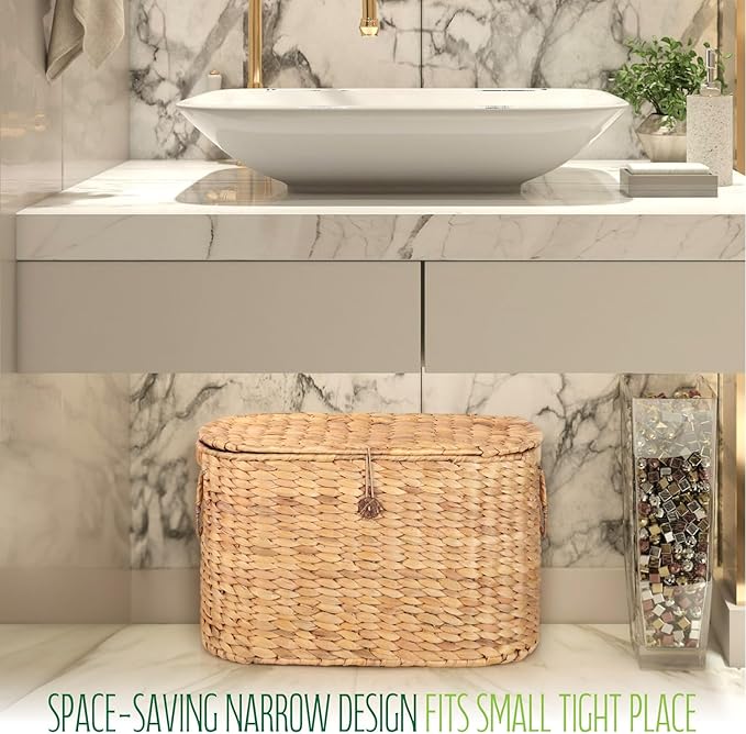 SIEUSALEVN Toilet Paper Storage, Water Hyacinth Baskets with Lid, Toilet Paper Baskets for Storage Holder 6 Rolls, Papers Basket with Built-in Handles for Organizer, Bathroom Accessories Organizer