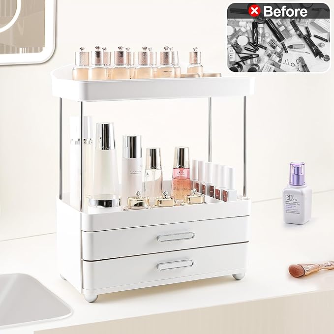 DASITON 4 Tiers Makeup Organizer, 2 Drawers Large Cosmetic Organizers for Vanity Bathroom Countertop, Bathroom Organizers and Storage for Skincare, Cosmetic, Perfume, Dresser Organizer (White+White)