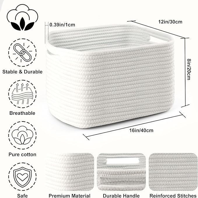 4 Pack Large Storage Baskets for Organizing, 16''Lx12''Wx8''H Woven Baskets for Storage Toys, Towels, Books, and Clothes, Cotton Rope Basket for Shelves with Handle