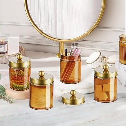 Amolliar Bronze Glass Apothecary Jar With Metal Lid & Stickers, Bathroom Qtip Dispenser Storage Canister, Perfect for Cotton Balls, Cotton Swabs, Makeup Pads, Bath Salt, Floss, 2 Pack(Gold)