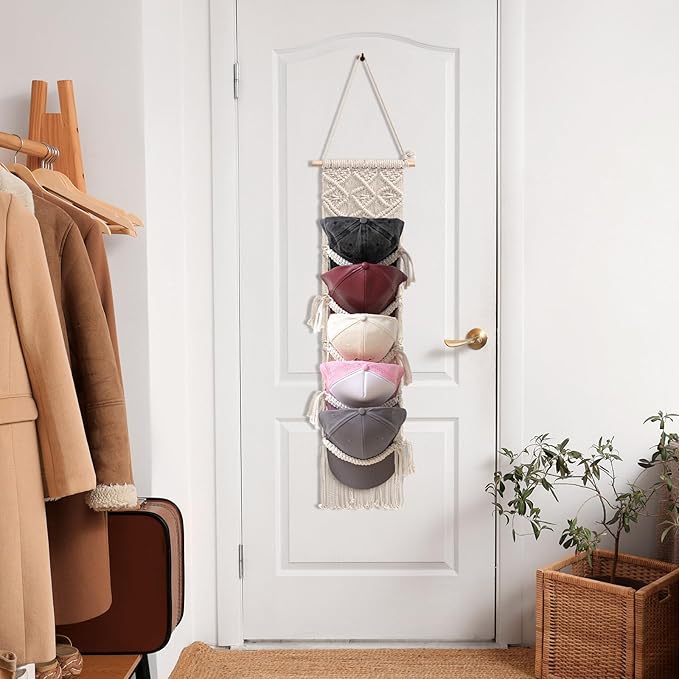Wonderjune 2 Pcs Baseball Cap Holder, Boho Macrame Hat Organizer for Wall, over the Door Hat Rack for Decoration and Display Handmade Hanger for Baseball Holder up to 20 Caps(White)