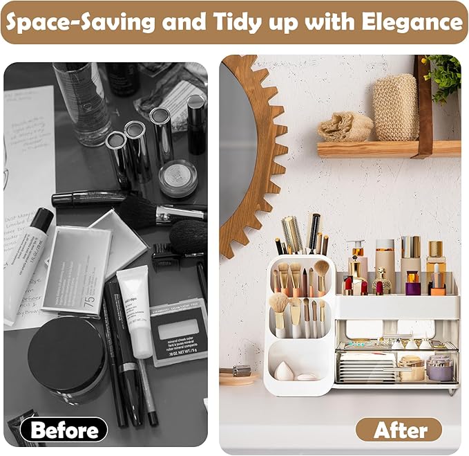 LZDMY Makeup Organizer Countertop, Vanity Organizer with Brush Holder, Cosmetic Display Case with Drawers, Skincare Organizer for Dresser, Bathroom, Makeup Storage Holder for Women Christmas gifts
