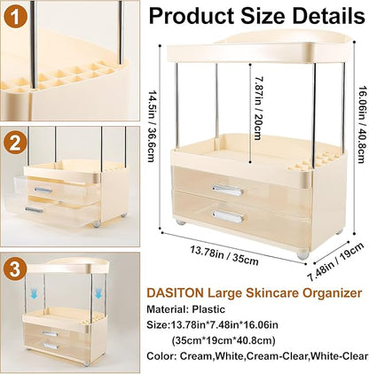 DASITON 4 Tiers Makeup Organizer, 2 Drawers Large Cosmetic Organizers for Vanity Bathroom Countertop, Bathroom Organizers and Storage for Skincare, Cosmetic, Perfume, Dresser Organizer (Cream+Clear)