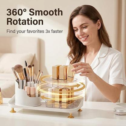 Makeup Brush Holder with Lid, 360° Rotating Makeup Organizer, Large Capacity Dustproof Storage Box & Lipstick Display Stand, Multifunctional Desktop Vanity Organizer with Easy Access